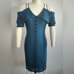 Deep blue and black lace Tahari cocktail dress with off shoulder details